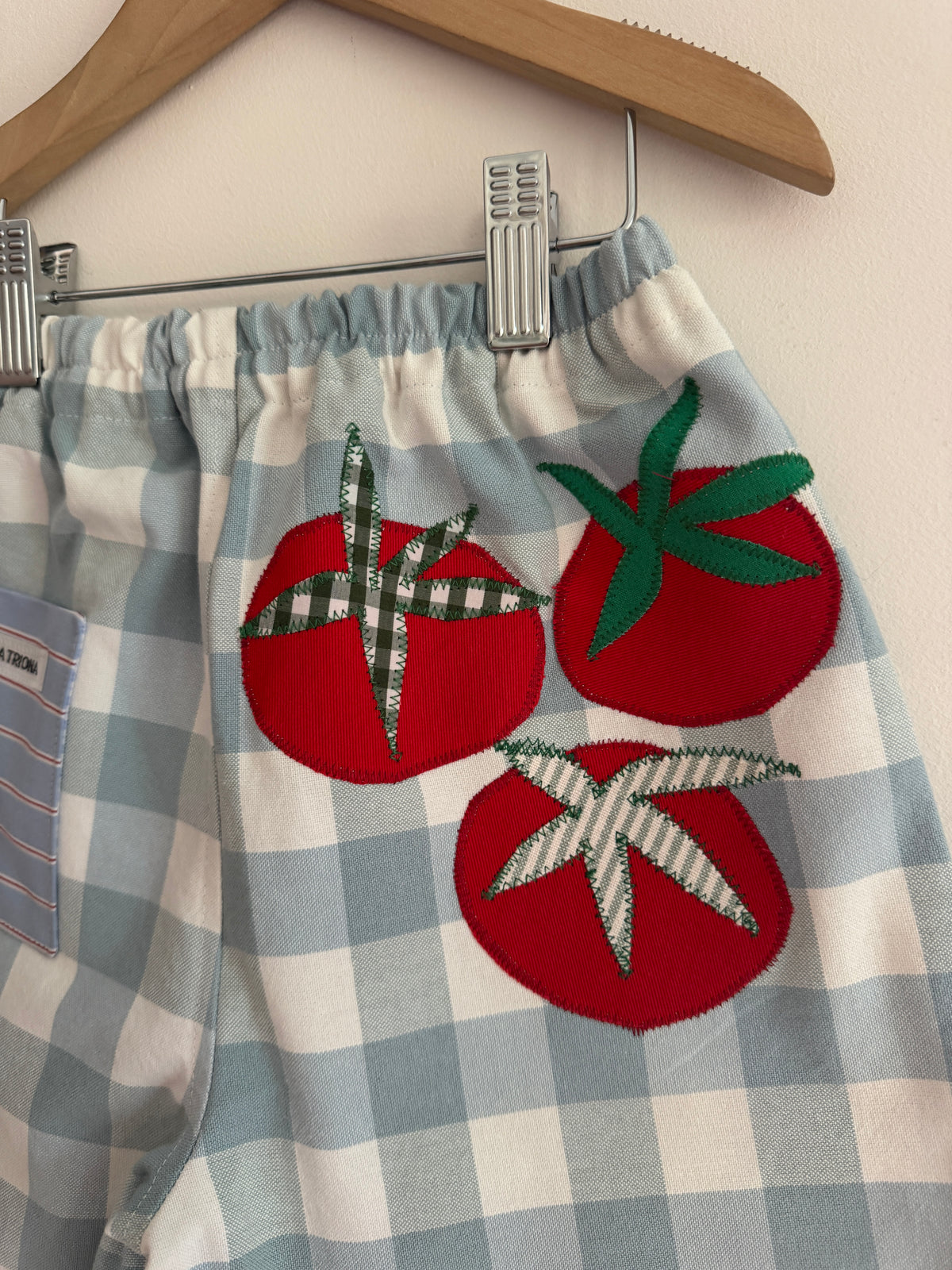 Blue gingham veggie appliqué pants 3-4 years