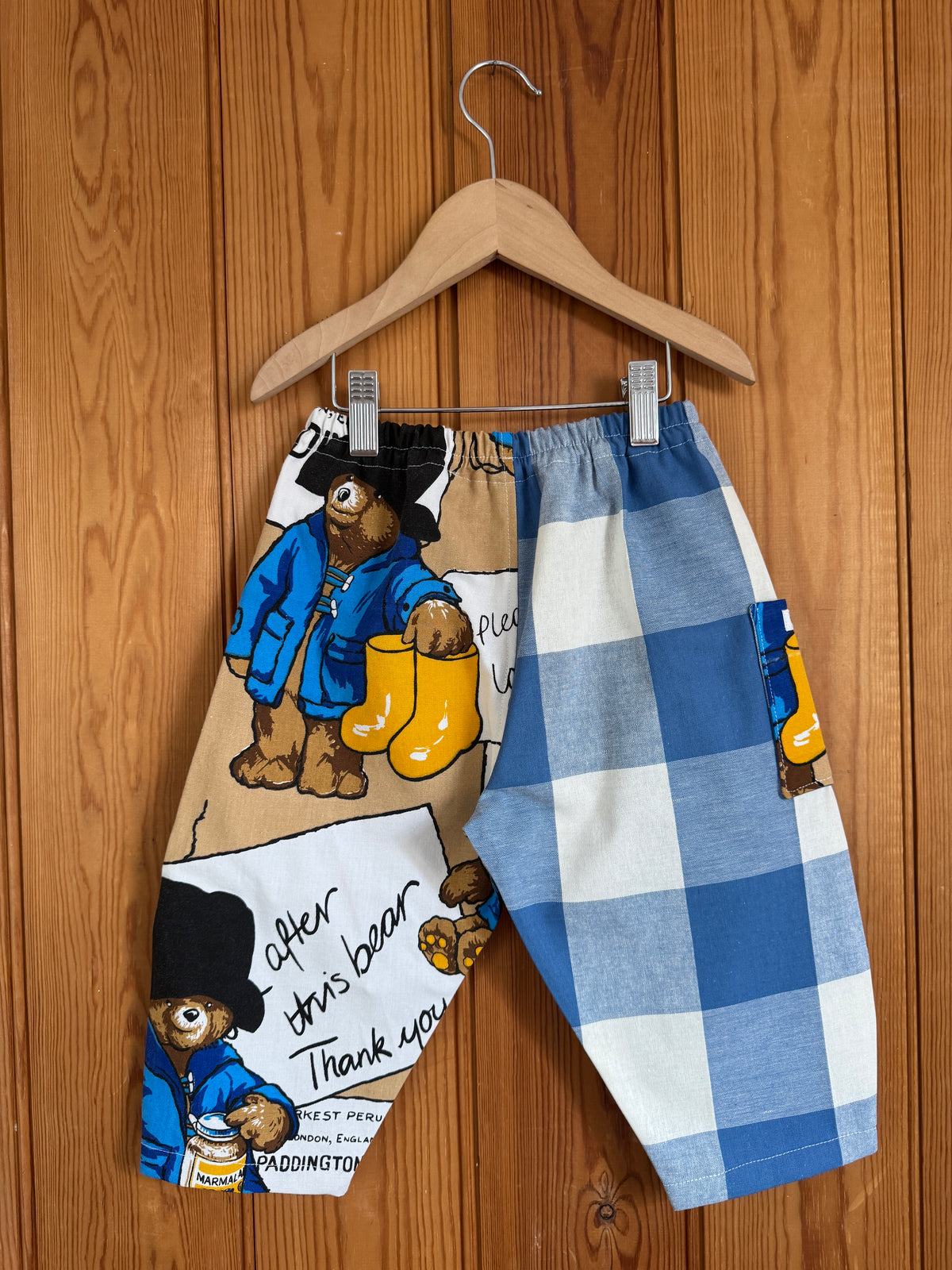 1970s Paddington Bear fabric/large blue gingham barrel leg pants 2-3 years