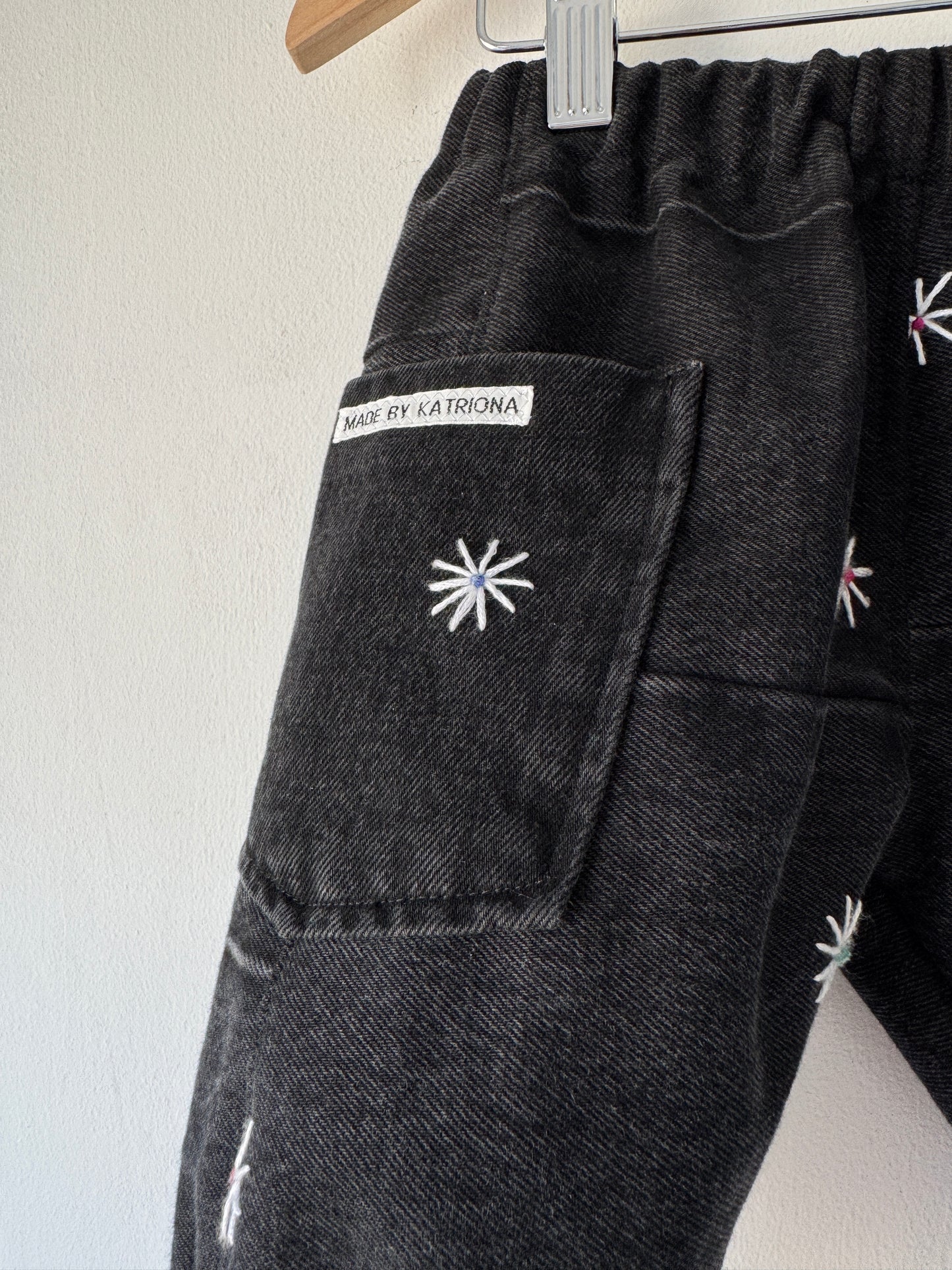 Black Denim Embroidered Barrel Leg Pants 1-2 years