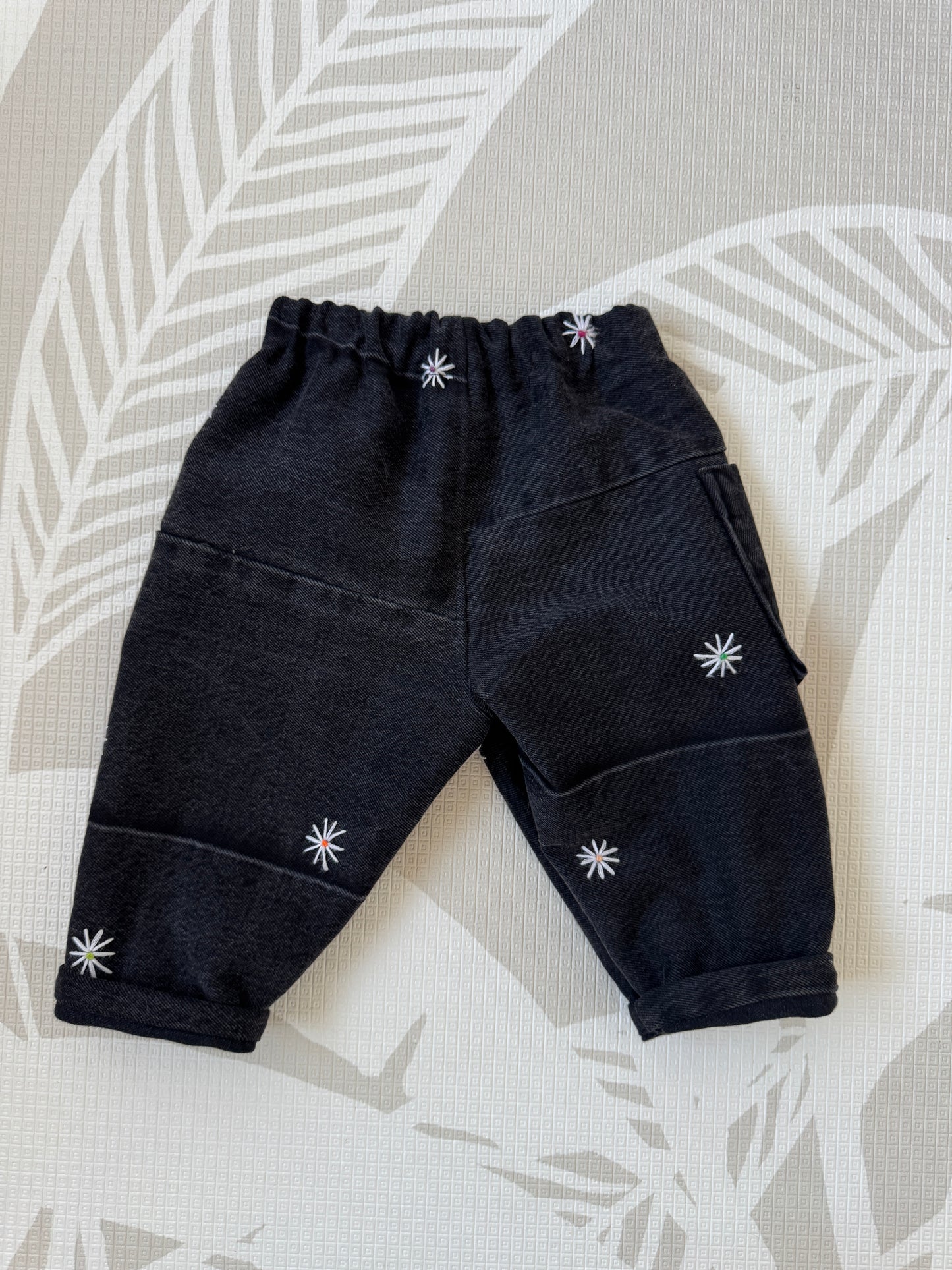 Black Denim Embroidered Barrel Leg Pants 1-2 years