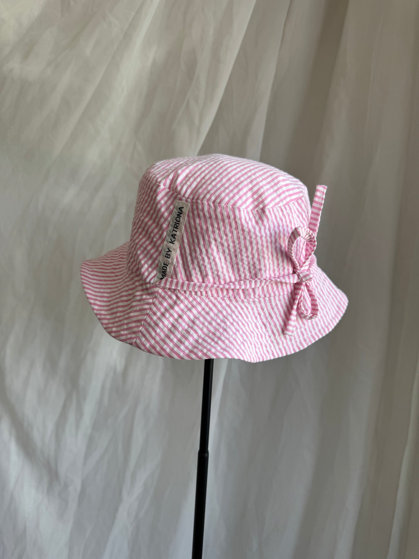 Pastel Dog Print & Pink Striped Seersucker Reversible Bucket Hat