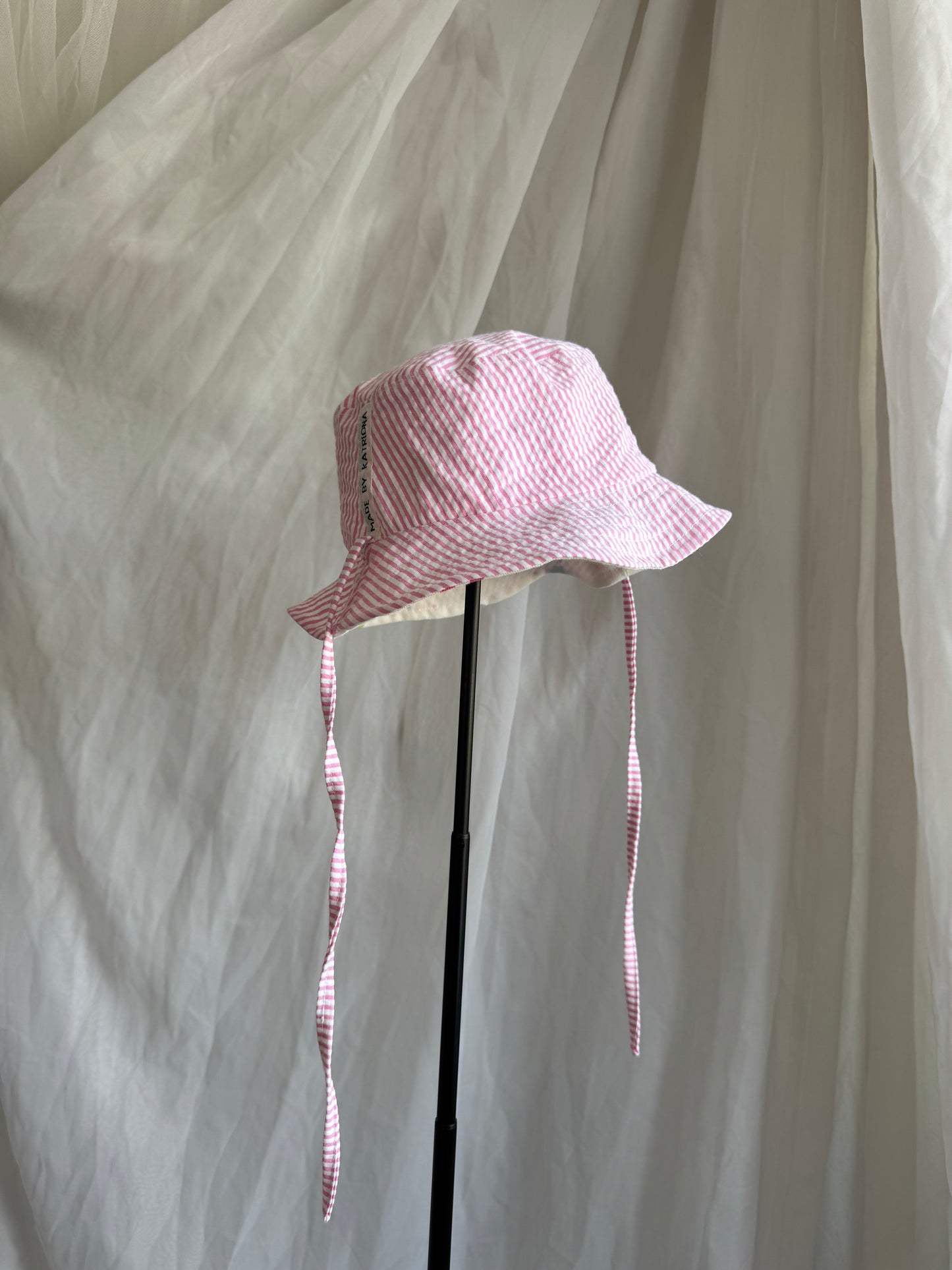 Pastel Dog Print & Pink Striped Seersucker Reversible Bucket Hat