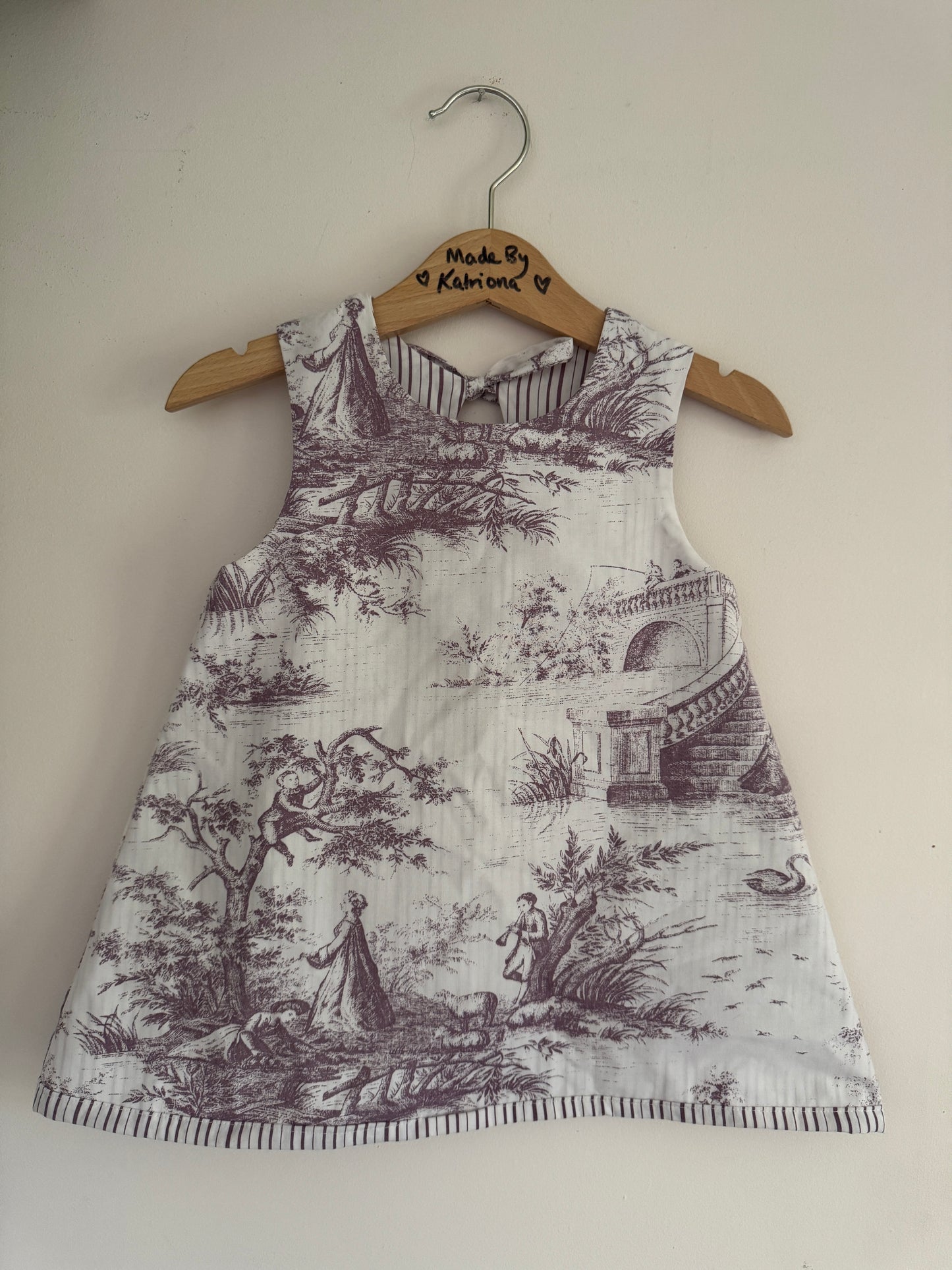 Purple toile de jour/striped reversible mini dress 2-3 years