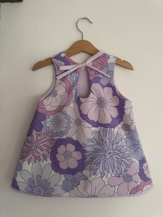 Purple 70s flower print reversible mini dress 2-3 years
