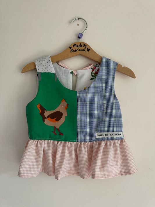 Farm animal/vintage embroidery reversible bow tie top 3-4 years