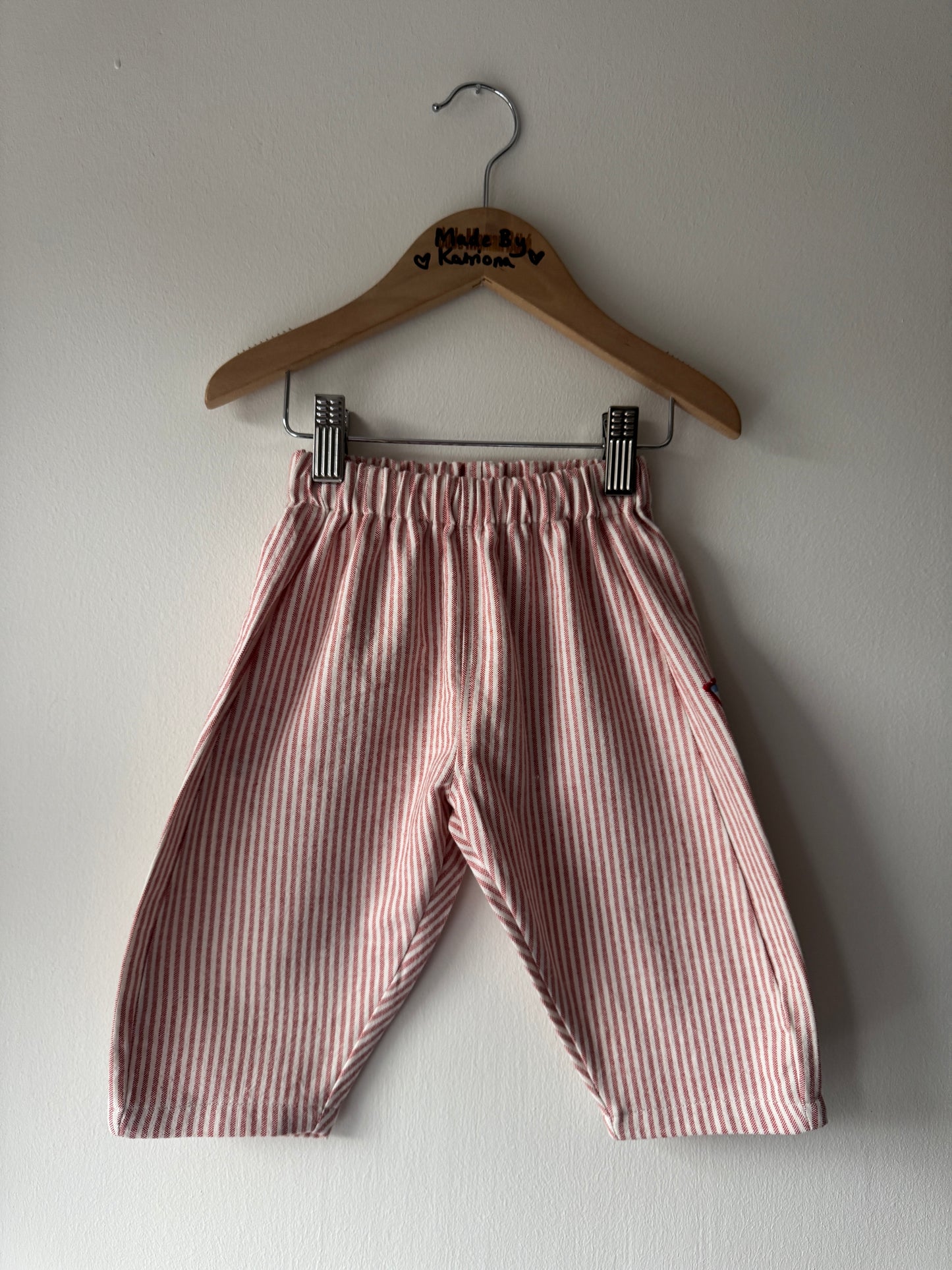 Bestie pants pale red & white striped cotton 6-12 months