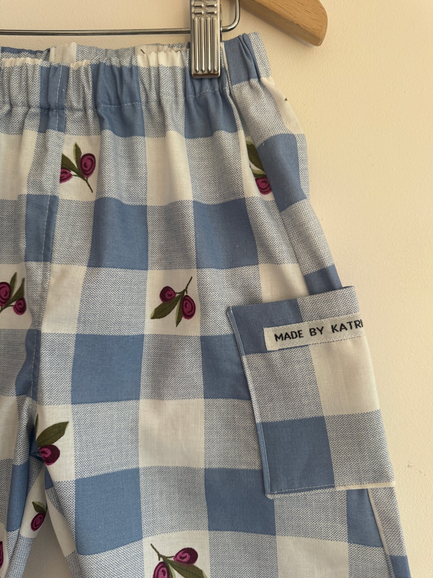 Olive print blue gingham barrel leg pants 3-4 years