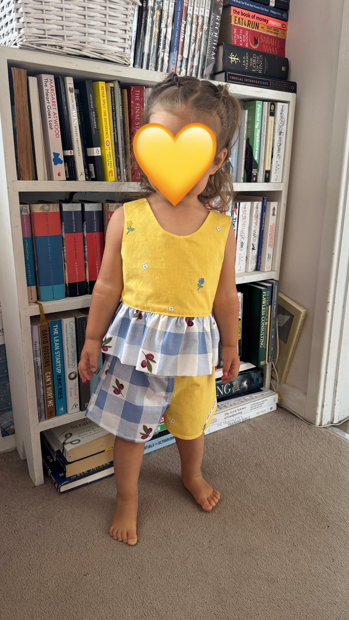 Blue gingham/yellow floral reversible bow tie top 3-4 years