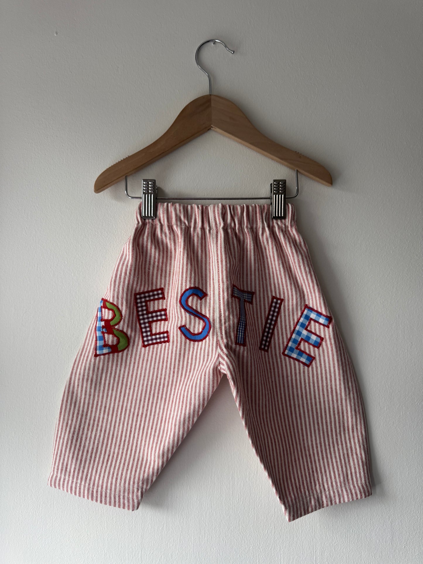 Bestie pants pale red & white striped cotton 6-12 months