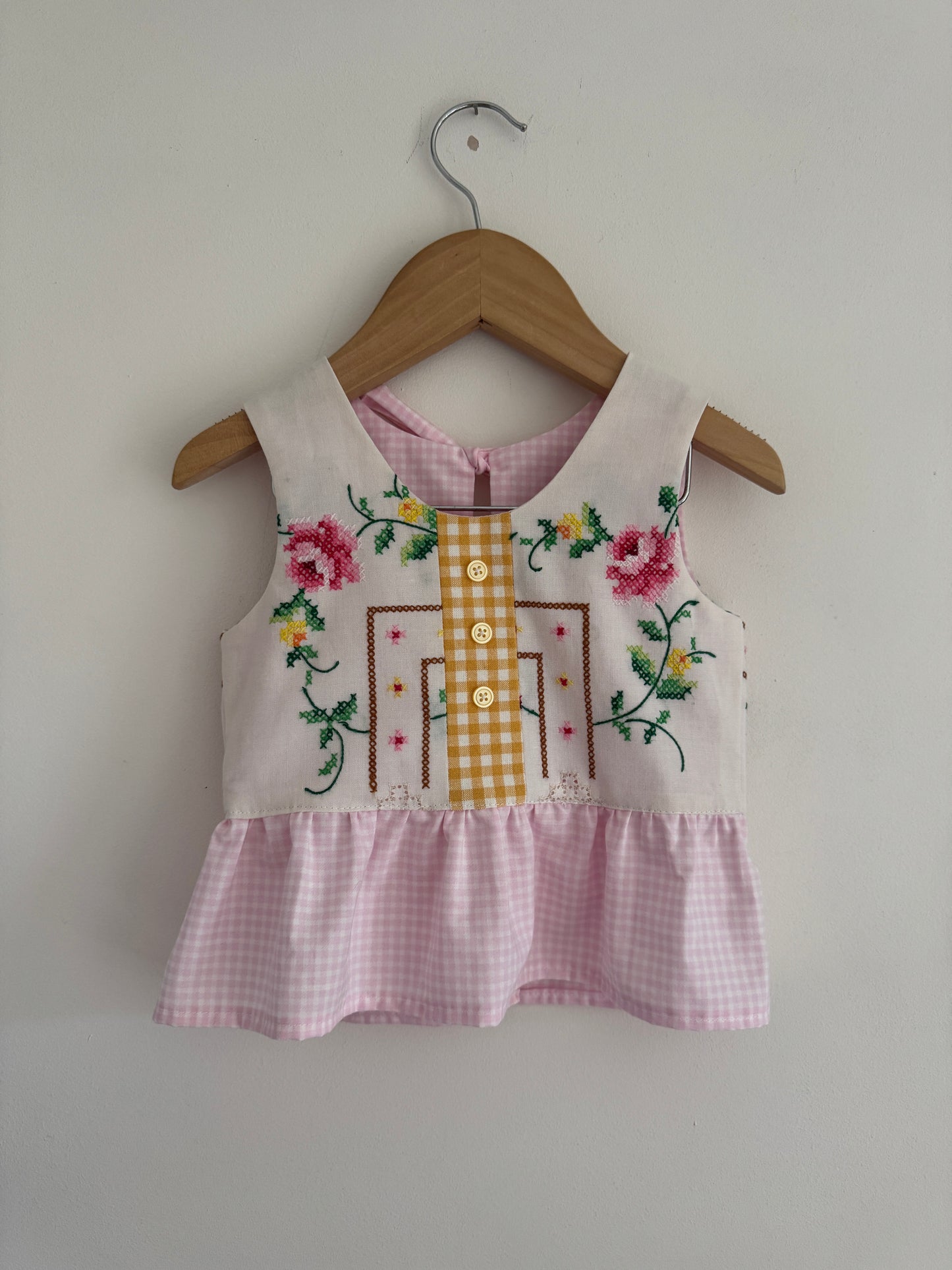 Reversible Vintage tablecloth cross-stitch top with bows 18-24 months