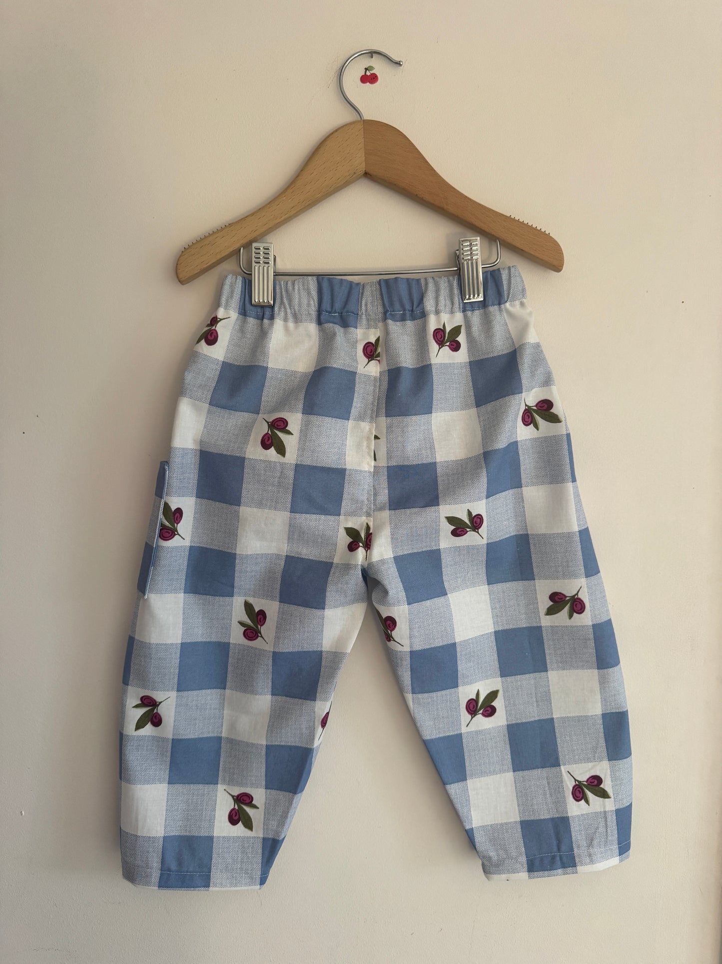 Olive print blue gingham barrel leg pants 3-4 years
