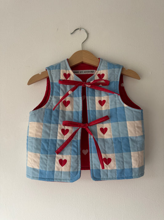 Blue gingham/hearts reversible quilted gilet 1-2 years