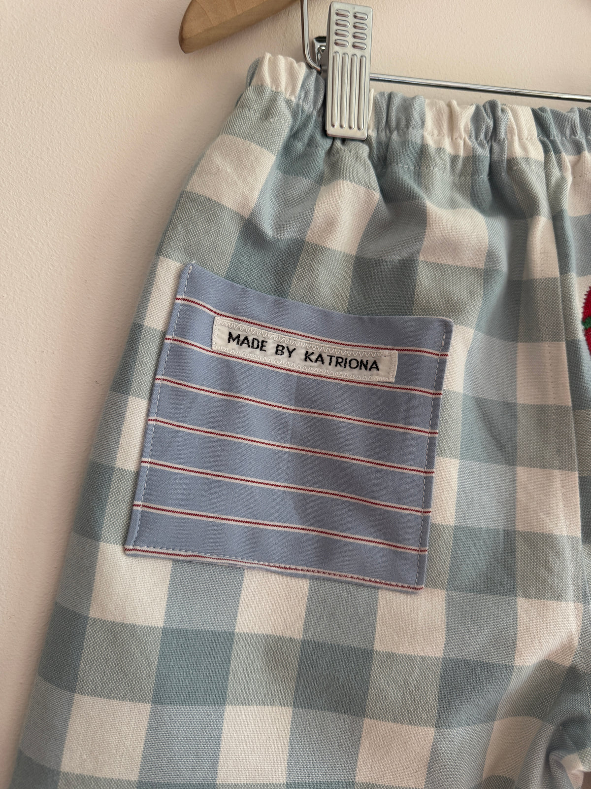 Blue gingham veggie appliqué pants 3-4 years
