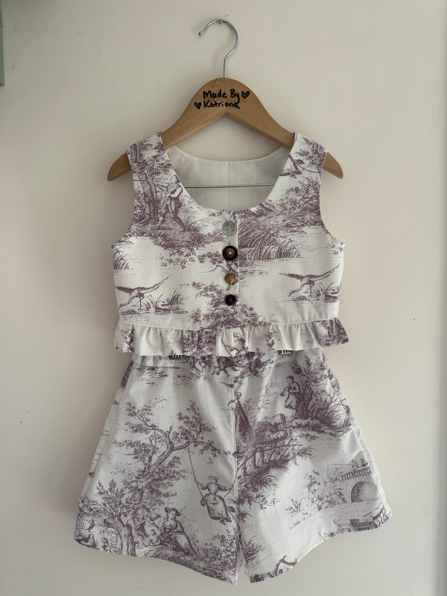Purple toile de jour cropped top and shorts set 4-5 years