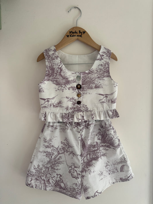 Purple toile de jour cropped top and shorts set 4-5 years