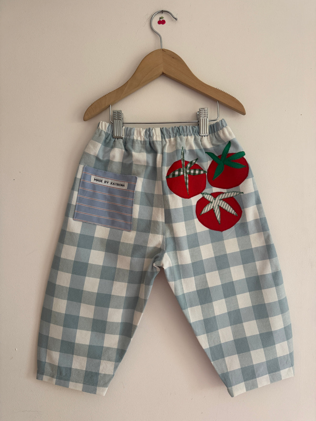 Blue gingham veggie appliqué pants 3-4 years