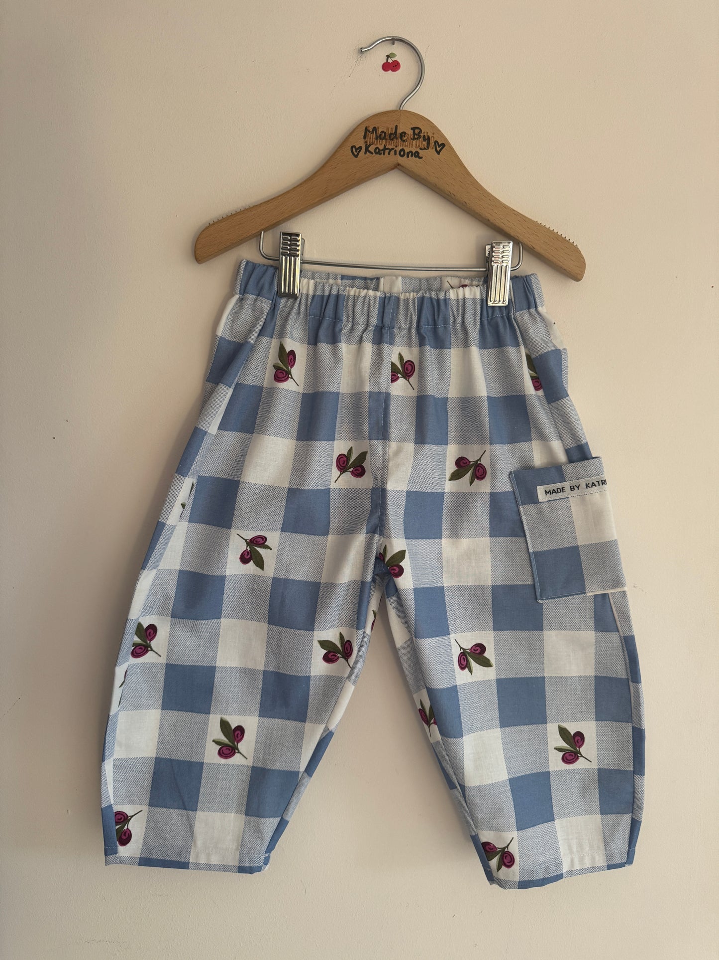 Olive print blue gingham barrel leg pants 3-4 years