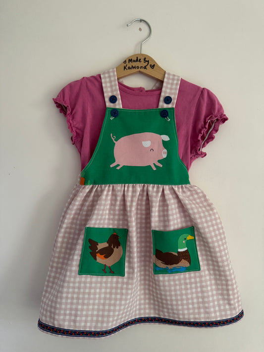 Pink gingham & farm animals Pinafore 18-24 months