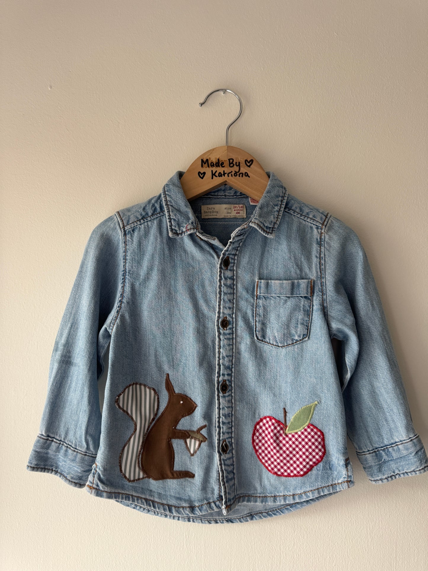Squirrel & Apple appliqué shirt 12-18 months