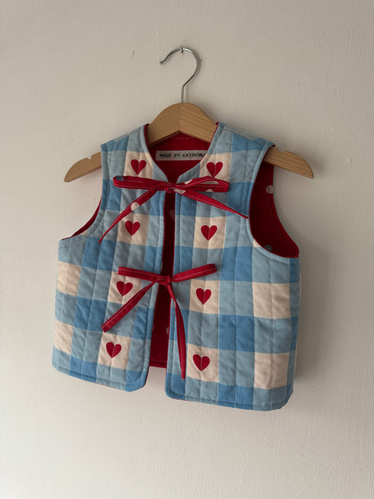 Blue gingham/hearts reversible quilted gilet 1-2 years