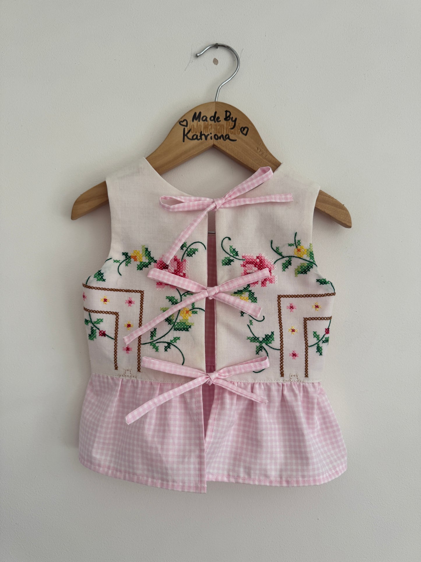 Reversible Vintage tablecloth cross-stitch top with bows 18-24 months