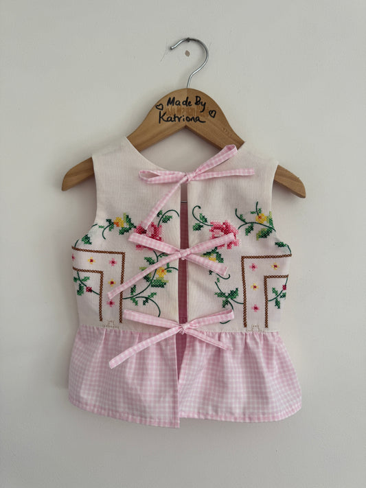 Reversible Vintage tablecloth cross-stitch top with bows 18-24 months
