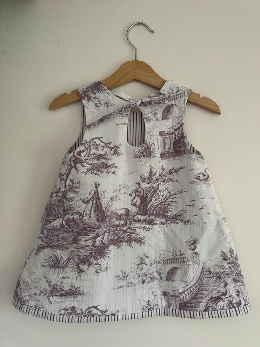Purple toile de jour/striped reversible mini dress 2-3 years