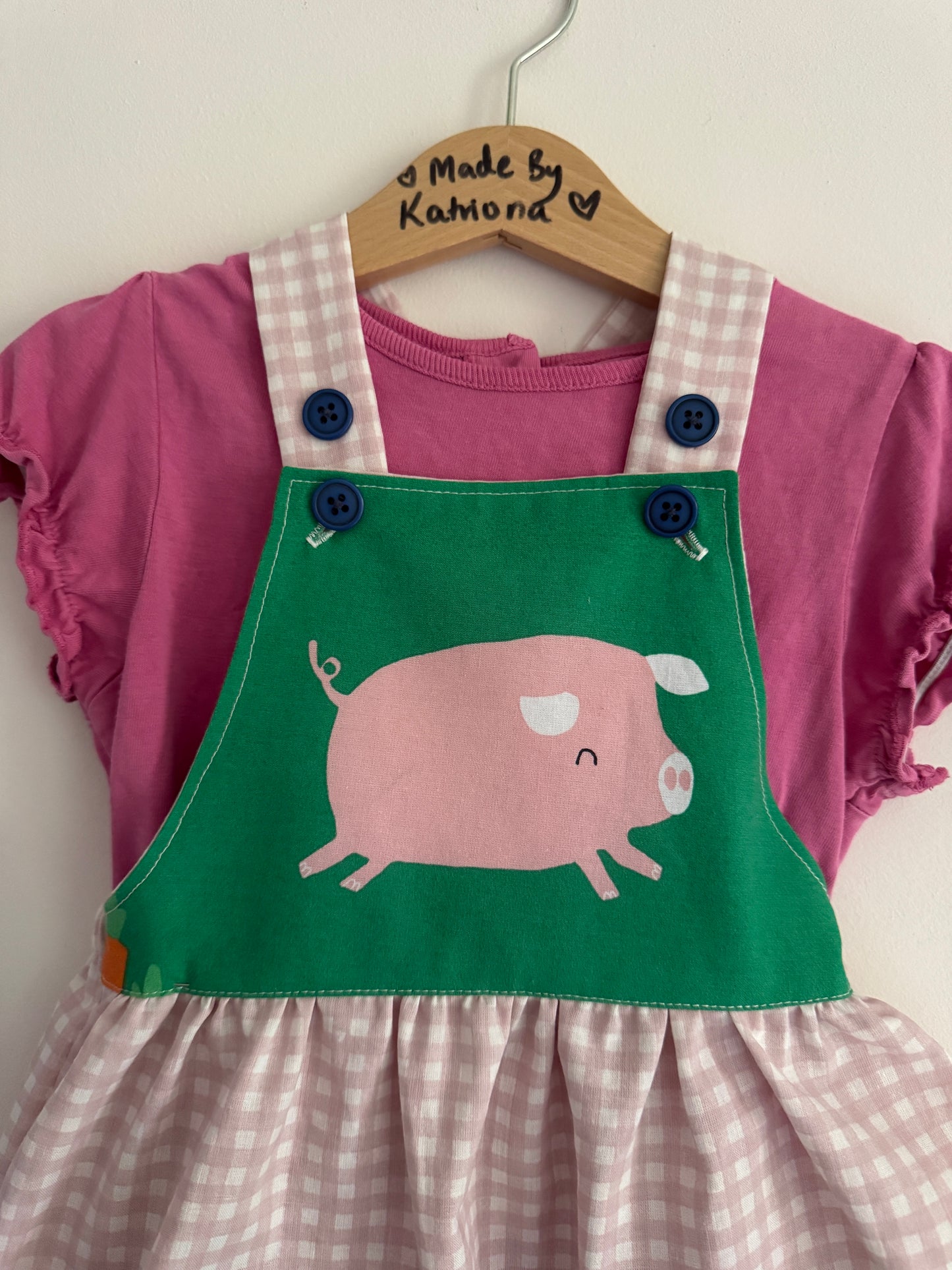 Pink gingham & farm animals Pinafore 18-24 months
