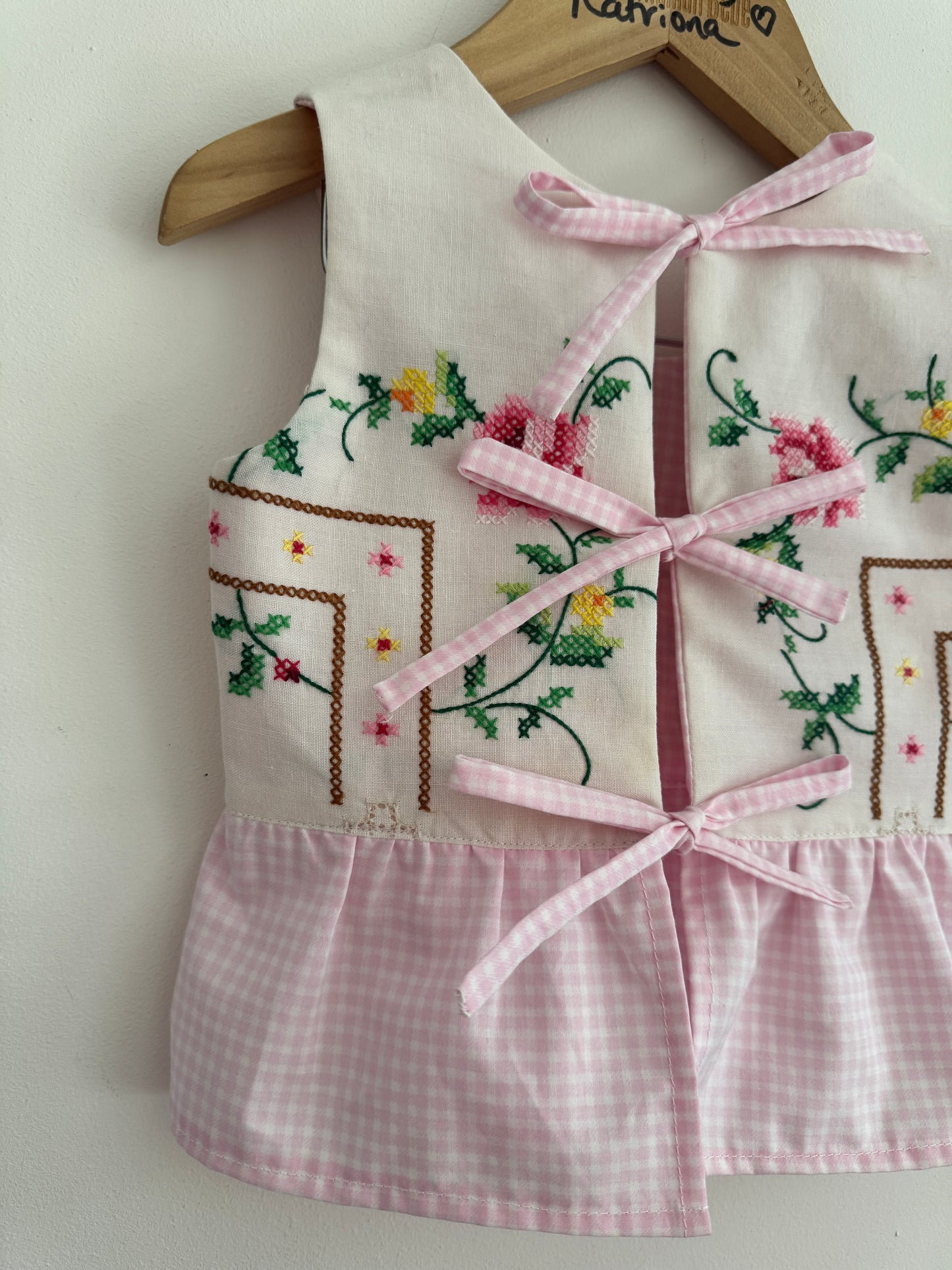 Reversible Vintage tablecloth cross-stitch top with bows 18-24 months