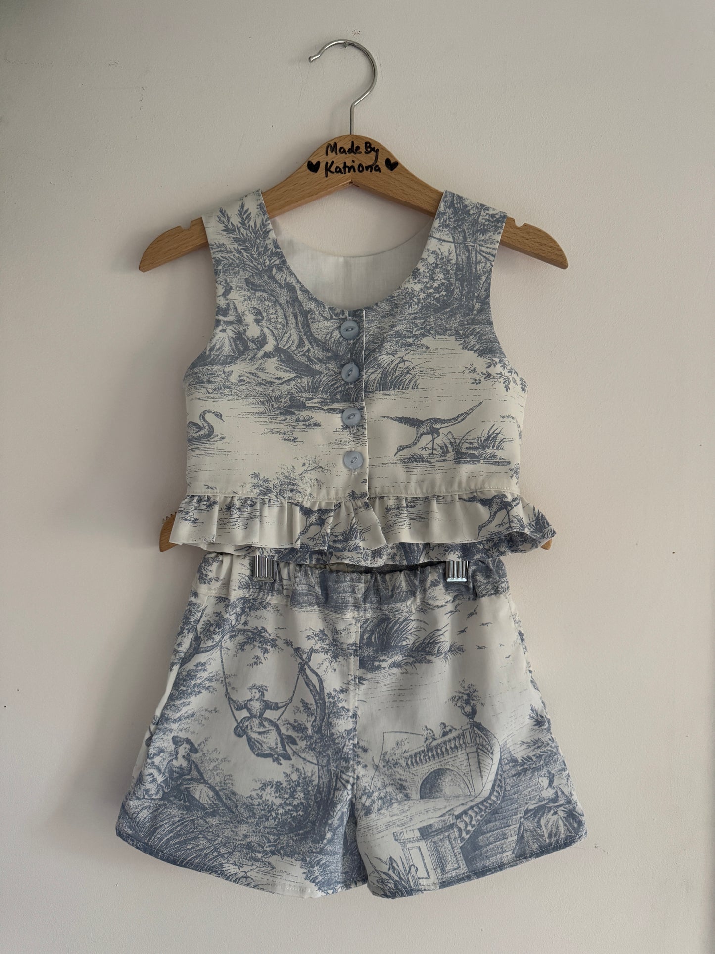 Blue toile de jour cropped top and shorts set 3-4 years