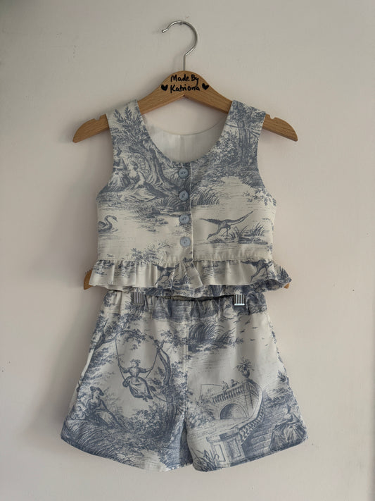 Blue toile de jour cropped top and shorts set 3-4 years