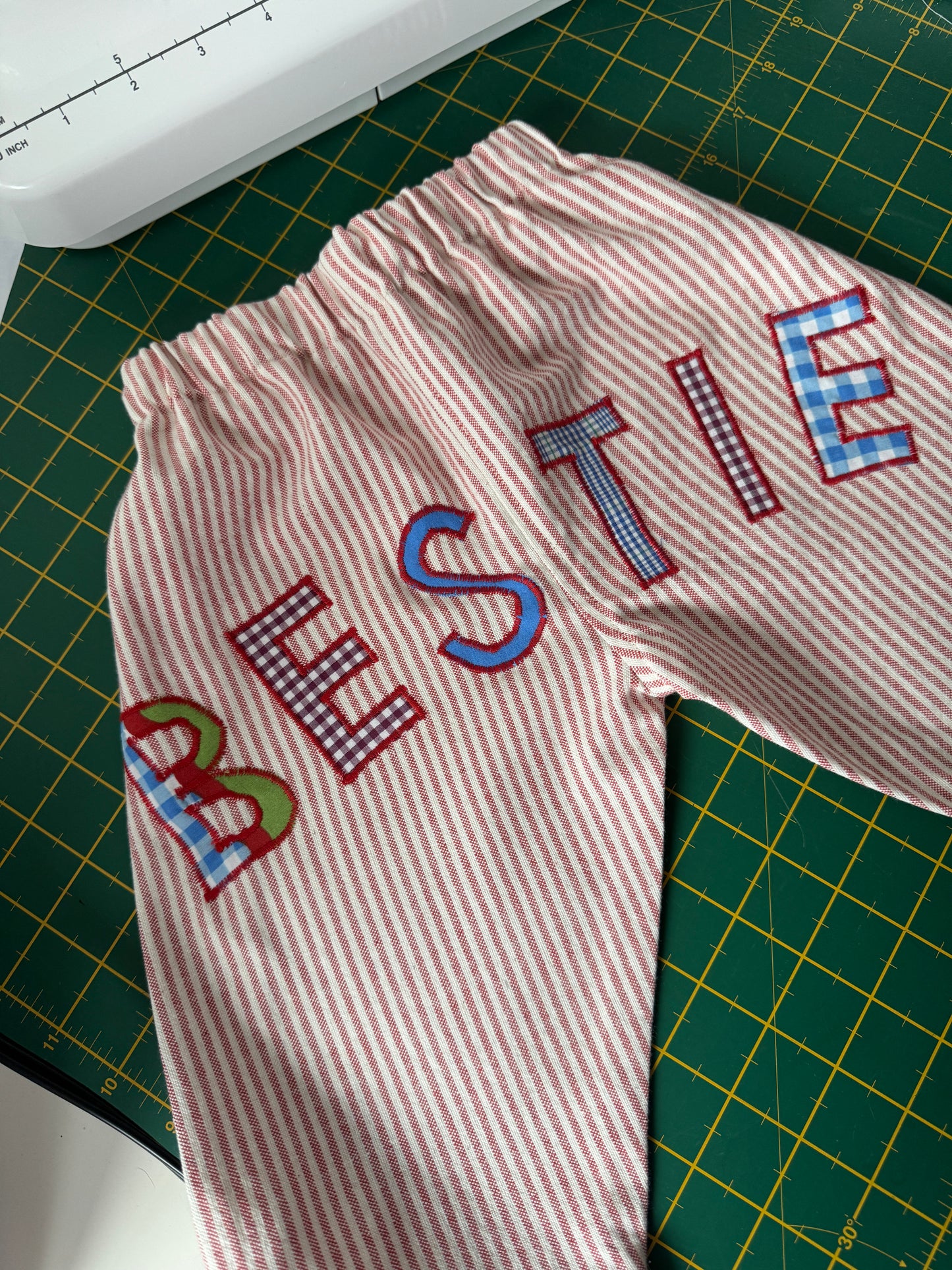 Bestie pants pale red & white striped cotton 6-12 months