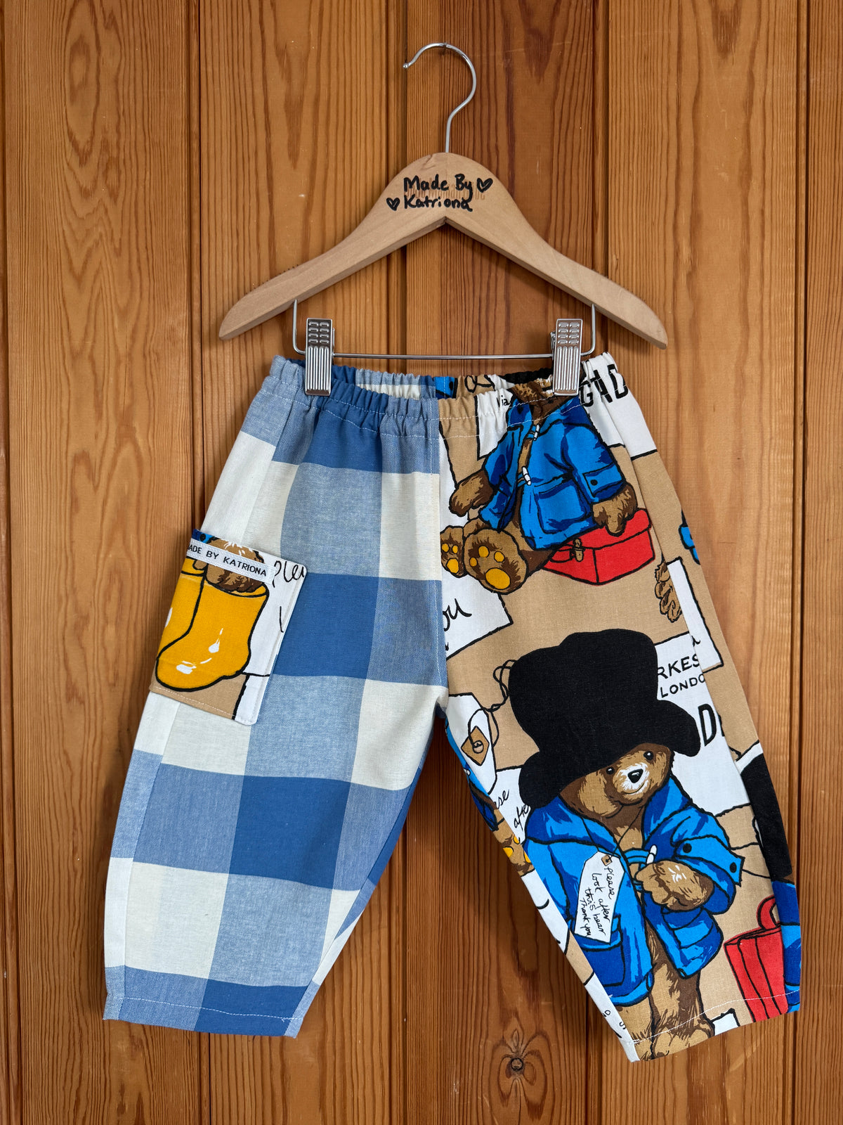 1970s Paddington Bear fabric/large blue gingham barrel leg pants 2-3 years