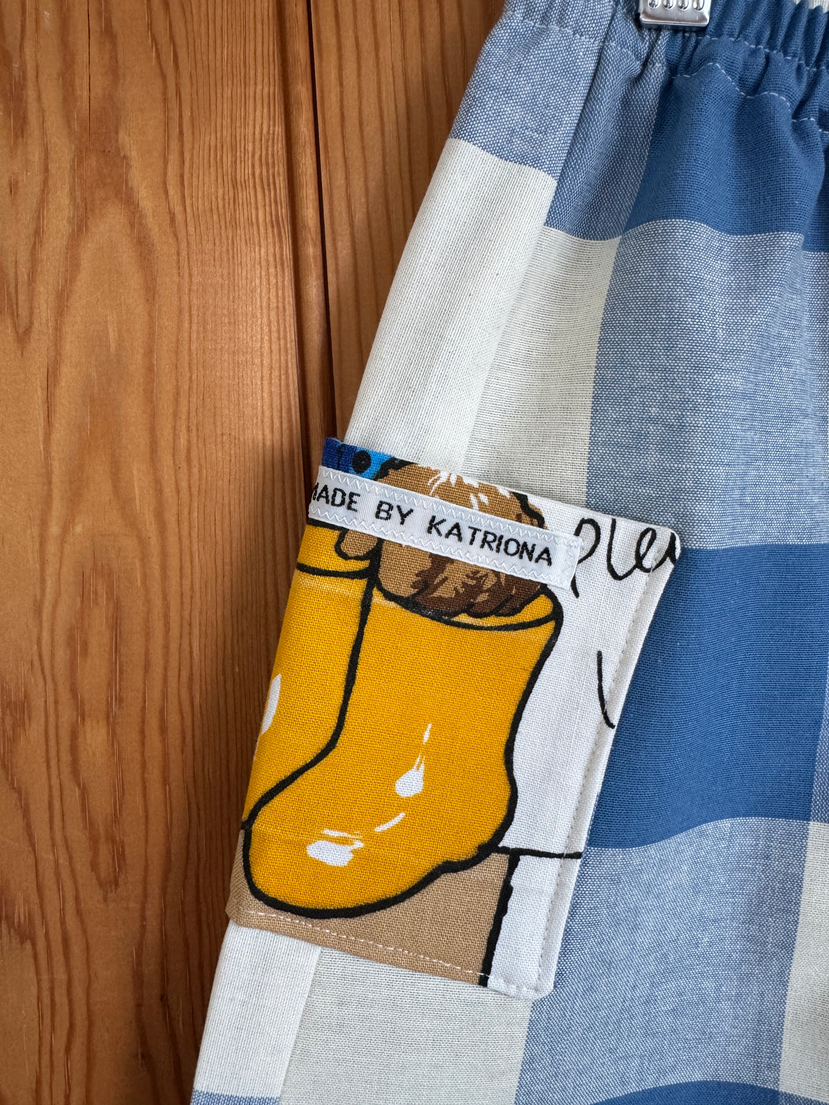 1970s Paddington Bear fabric/large blue gingham barrel leg pants 2-3 years