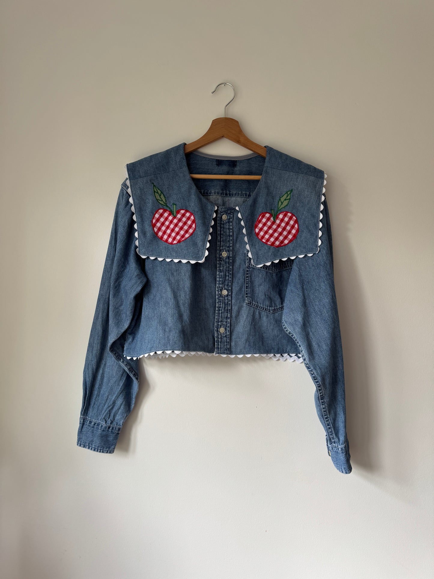 Apple appliqué & ric-rac upcycled denim shirt