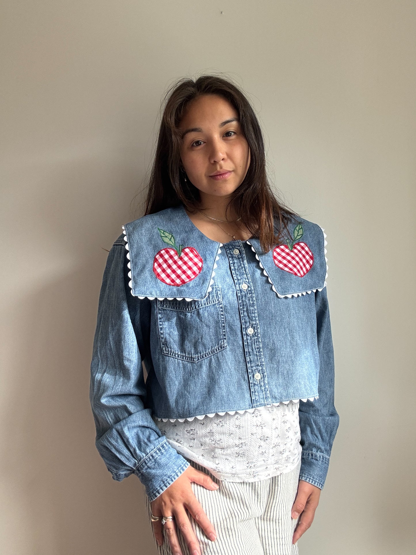 Apple appliqué & ric-rac upcycled denim shirt