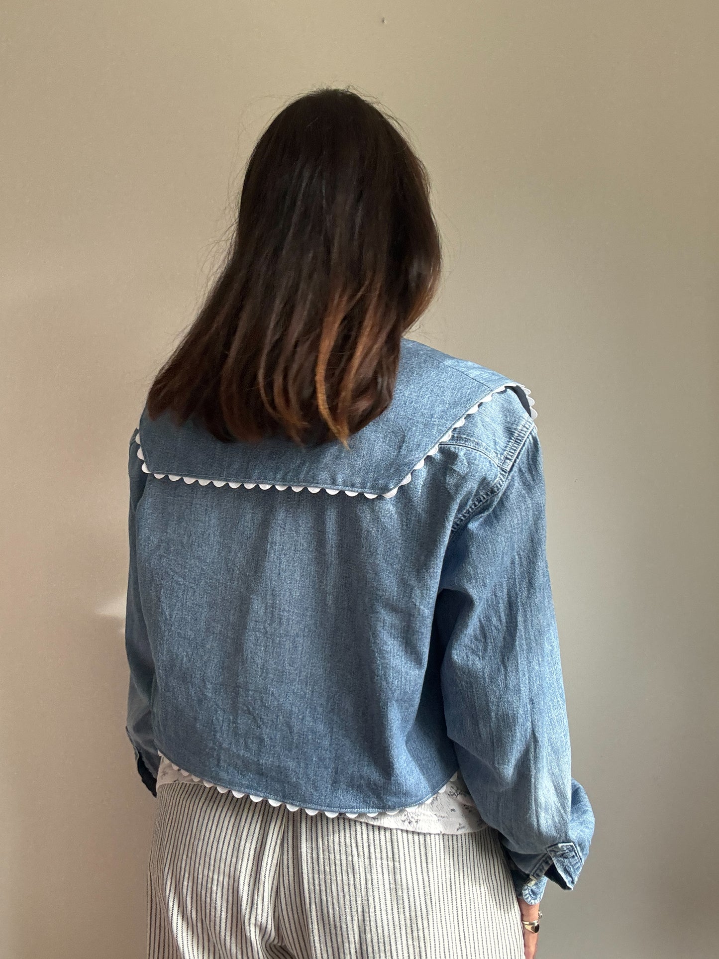 Apple appliqué & ric-rac upcycled denim shirt