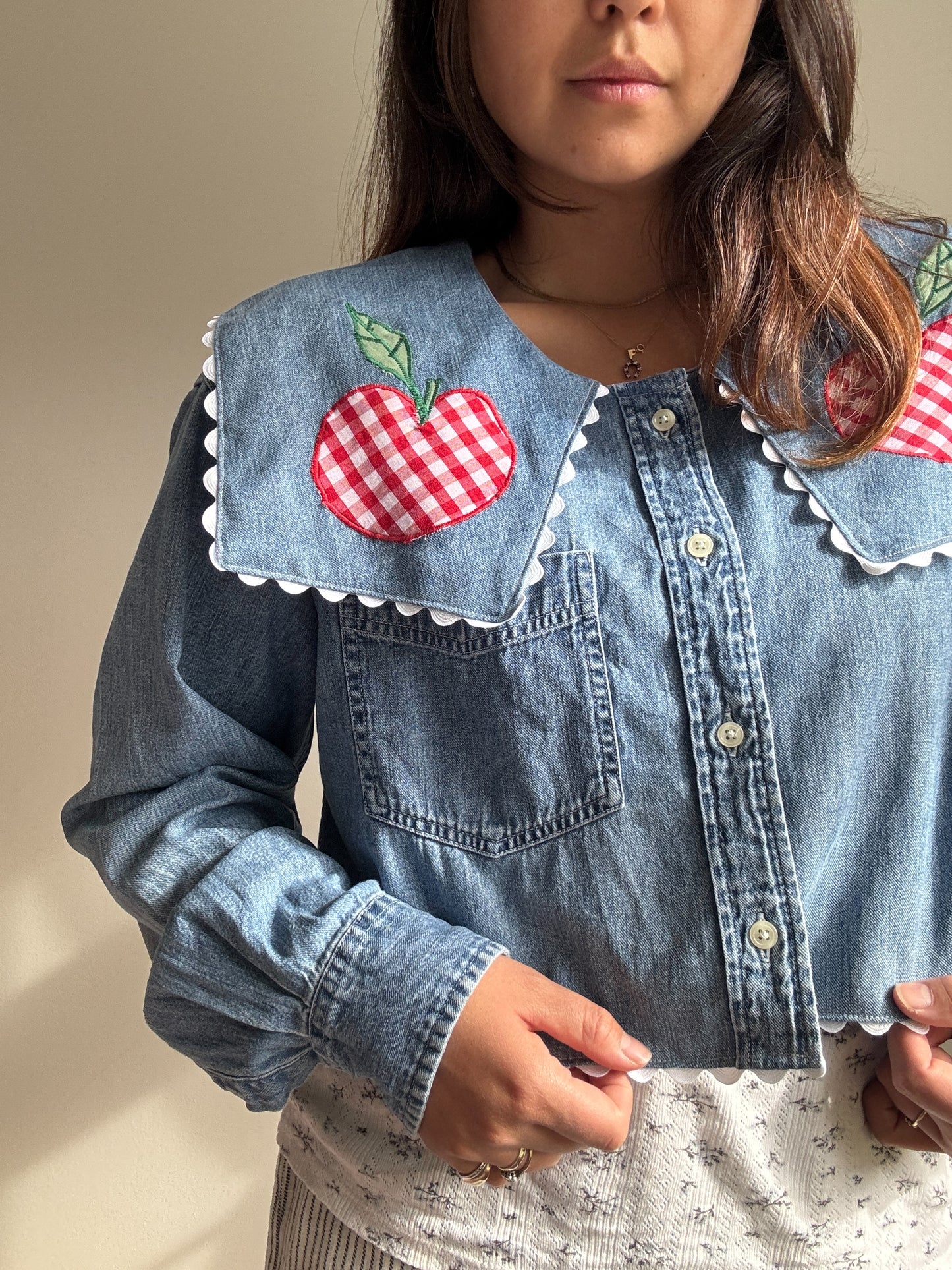 Apple appliqué & ric-rac upcycled denim shirt