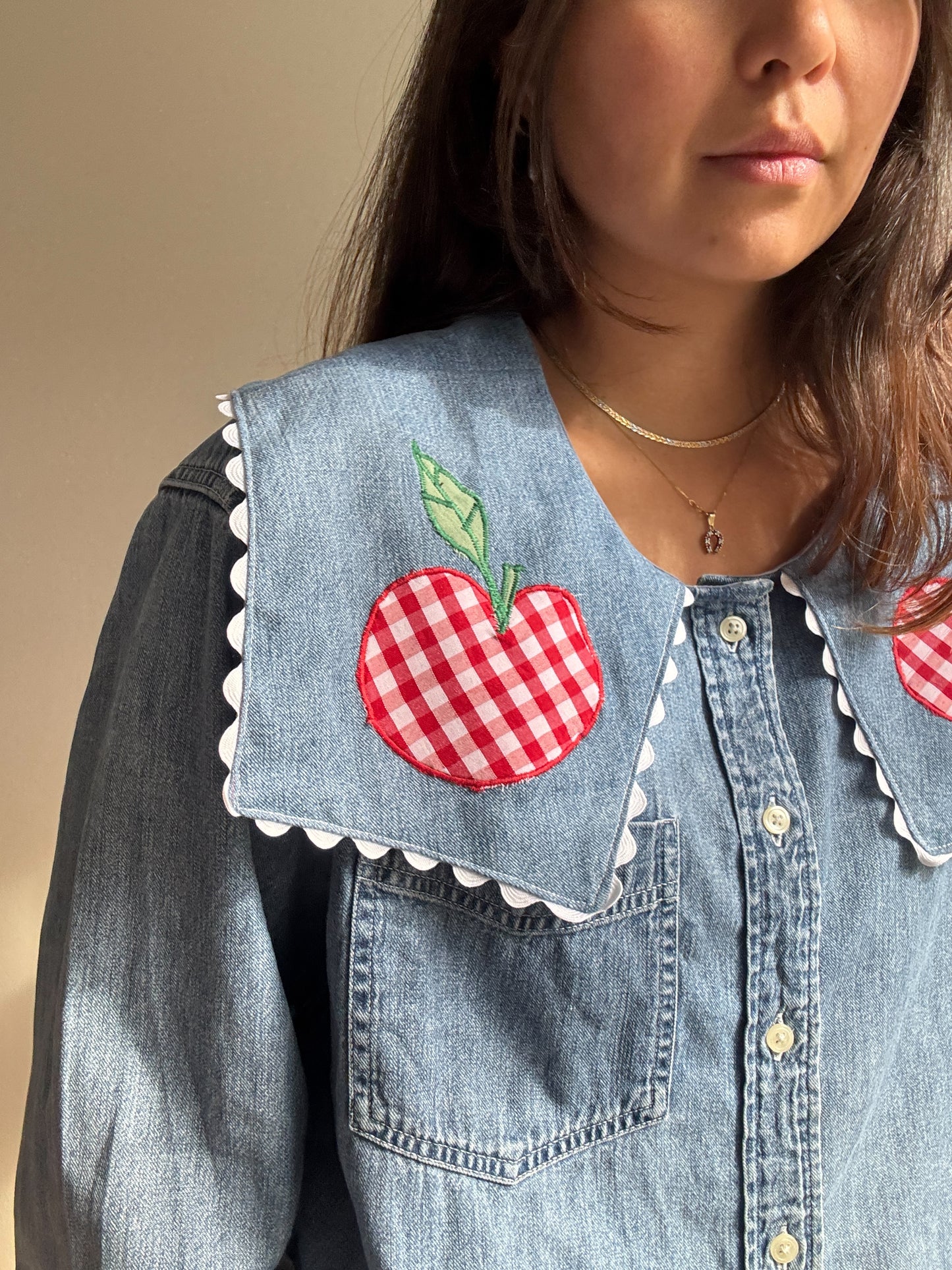 Apple appliqué & ric-rac upcycled denim shirt