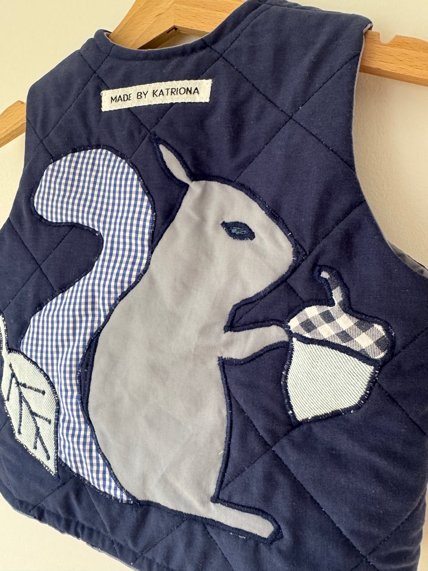 Blue squirrel quilted gilet 1-2 years