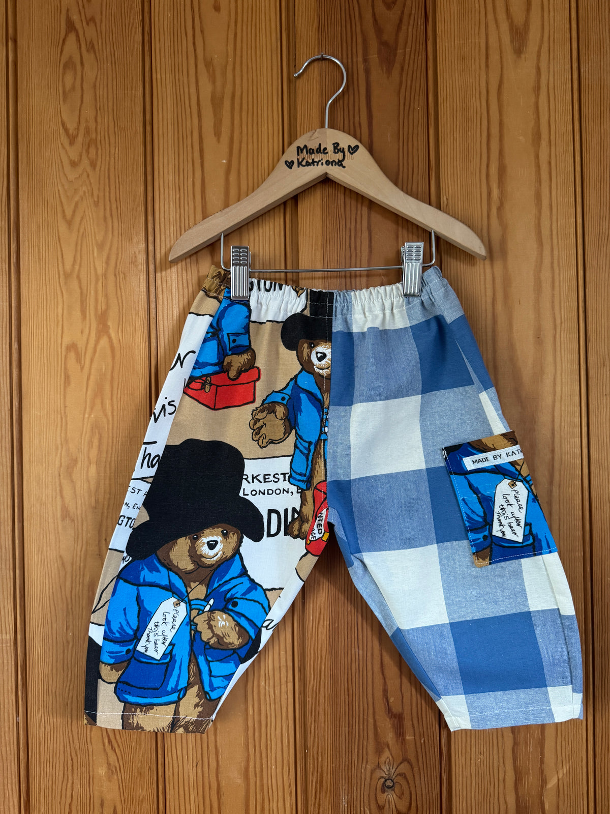 1970s Paddington Bear fabric/large blue gingham barrel leg pants 2-3 years 18-24 months