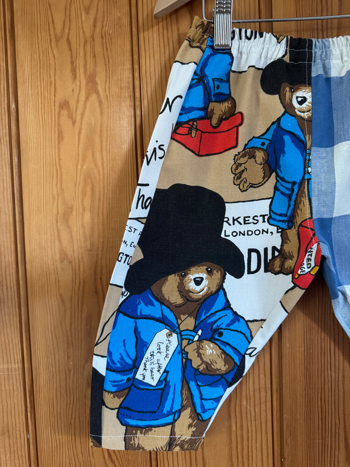 1970s Paddington Bear fabric/large blue gingham barrel leg pants 2-3 years 18-24 months