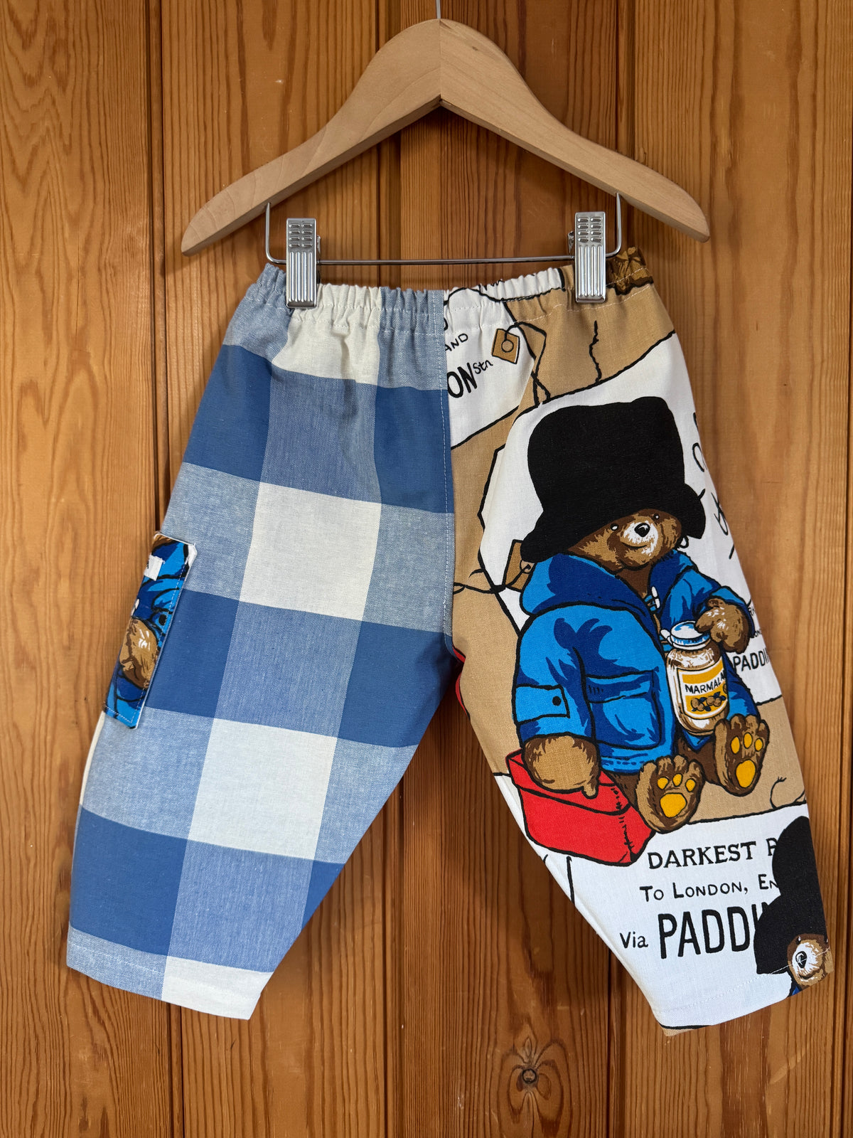1970s Paddington Bear fabric/large blue gingham barrel leg pants 2-3 years 18-24 months