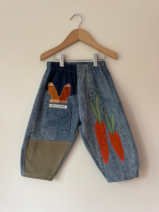 Veggie patch appliquéd denim barrel leg pants 2-3 years