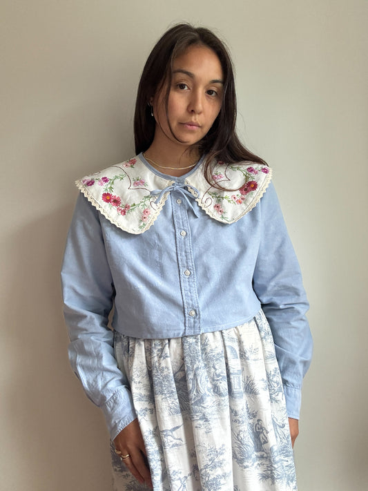 Vintage tablecloth oversized collar on upcycled shirt