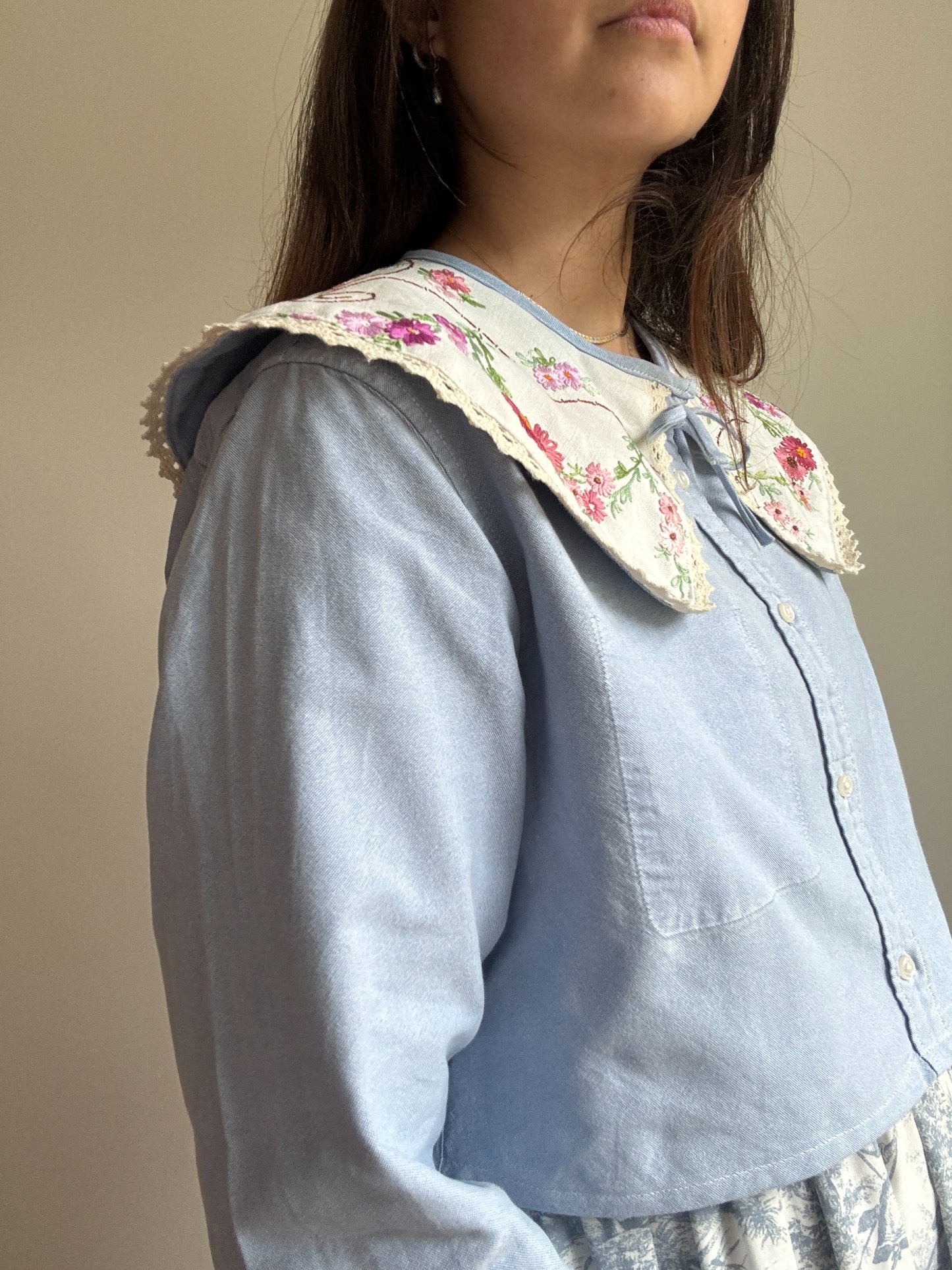 Vintage tablecloth oversized collar on upcycled shirt
