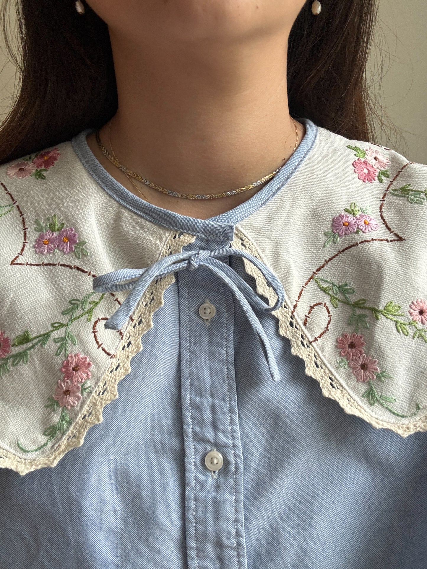 Vintage tablecloth oversized collar on upcycled shirt
