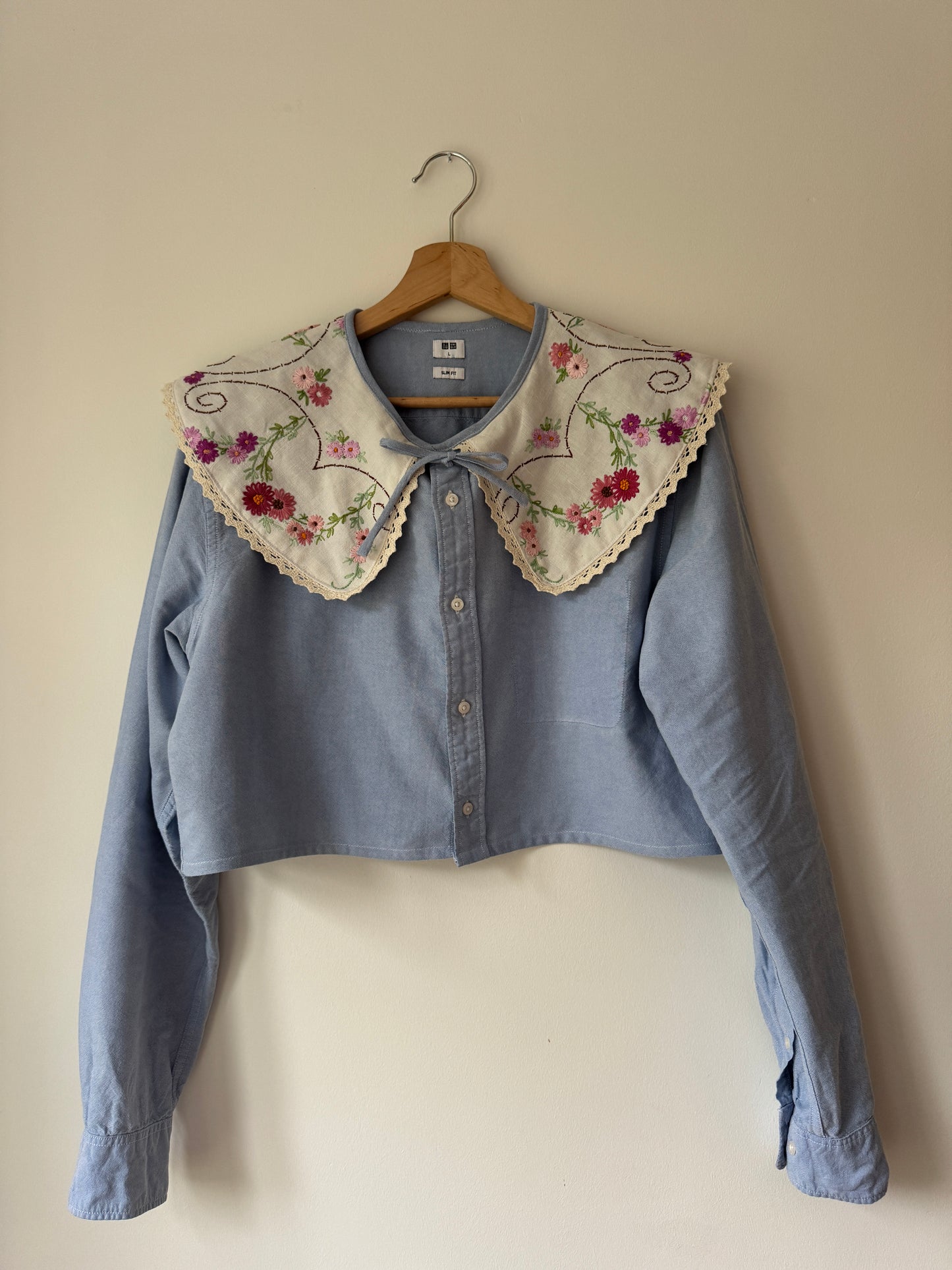 Vintage tablecloth oversized collar on upcycled shirt