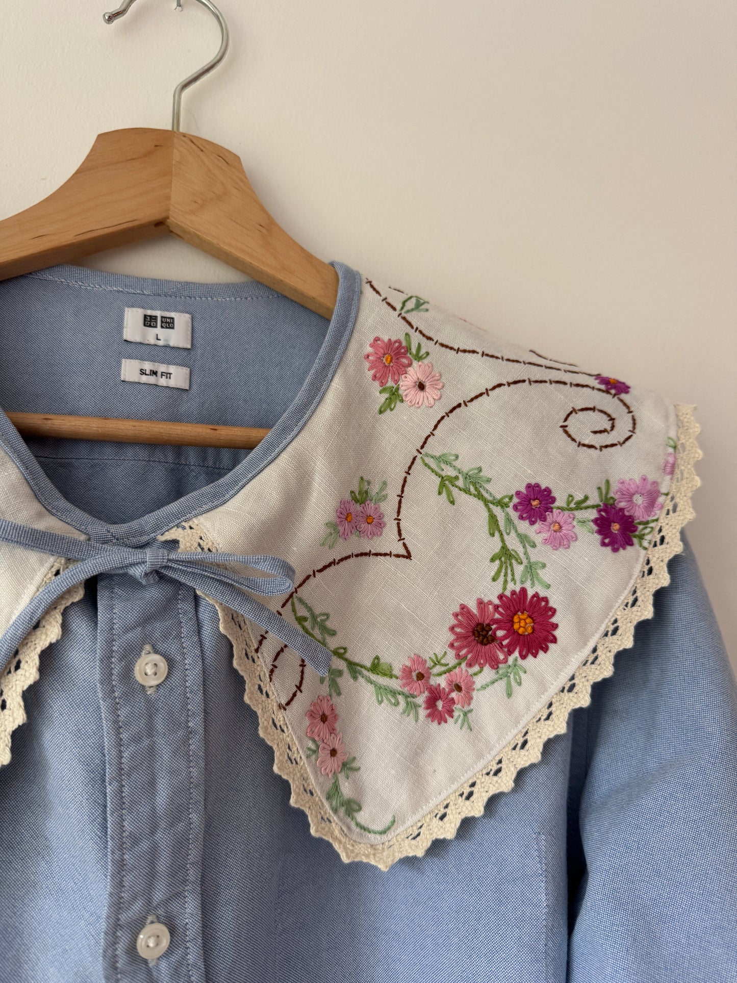 Vintage tablecloth oversized collar on upcycled shirt