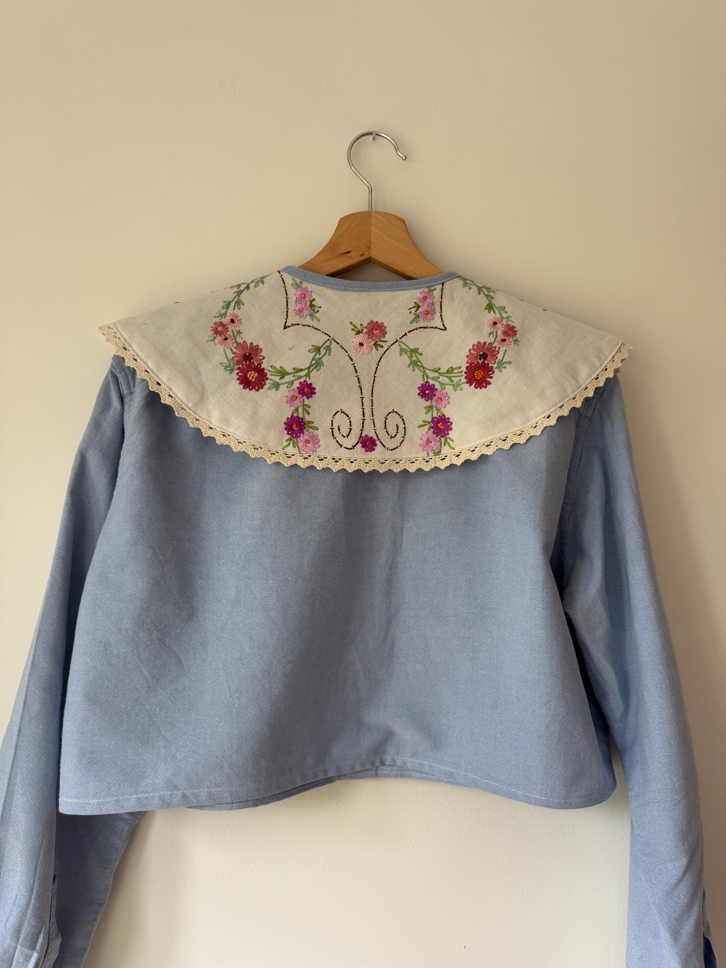 Vintage tablecloth oversized collar on upcycled shirt